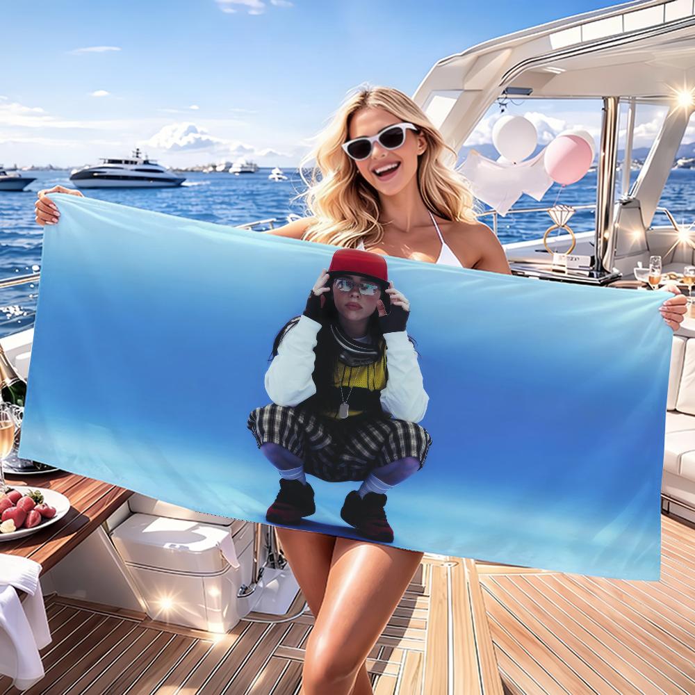 Creative Man White Singer B-Billie E-Eilish Towel Quick Dry Absorbent Beach Towel For Sports, Fitness, Swimming And Outdoor Activities