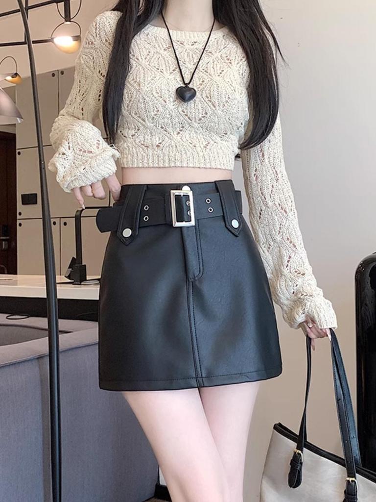 Vintage Pu Leather Skirt for Women Spring Autumn High Waist A- Line Package Hip Shorts Skirt Y2k Korean Fashion Clothing