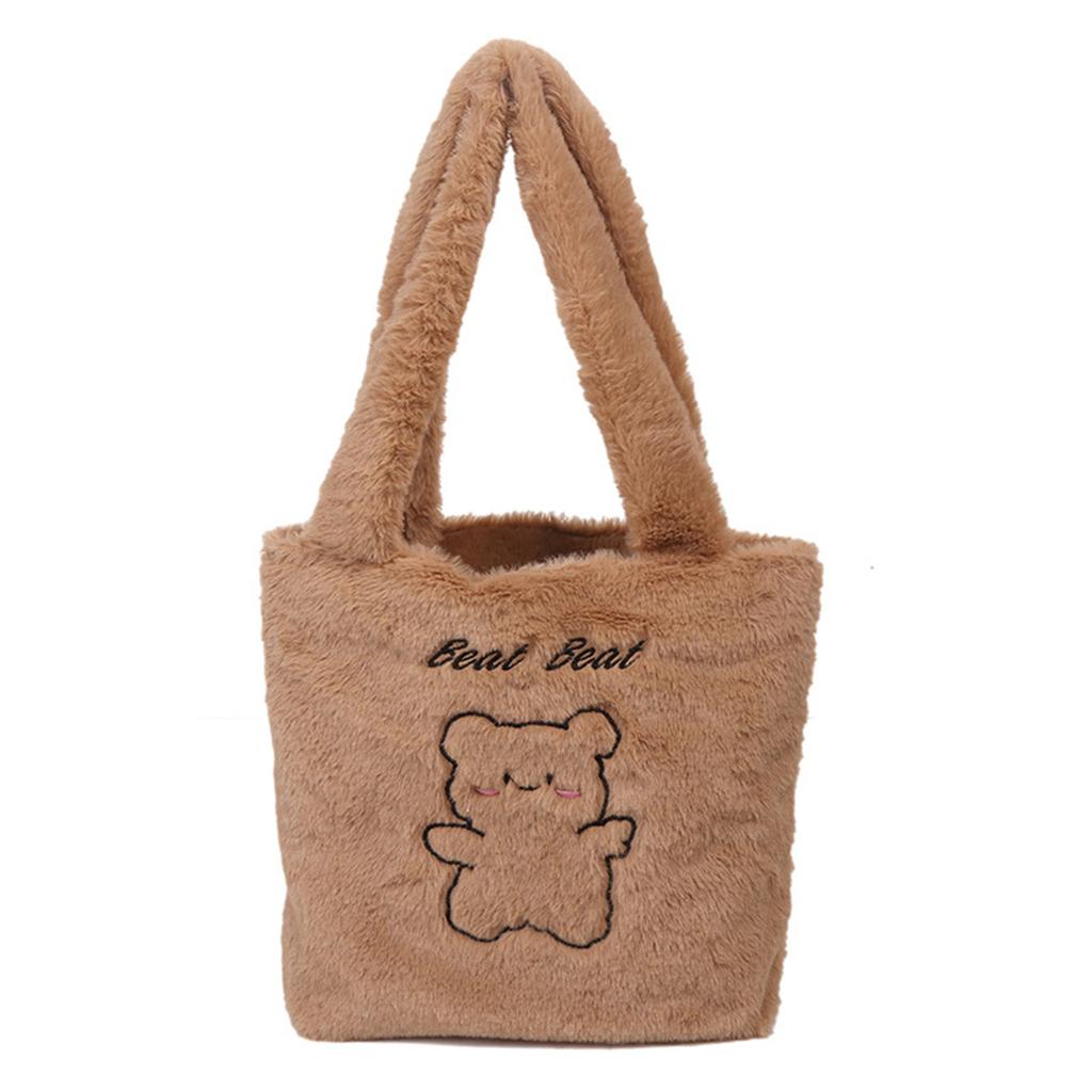 FASHION Women'S Shoulder Bags Bear Pattern Soft Plush Shopper Fashion Solid Colour Large Capacity Handbags Casual Simple Bag For Student