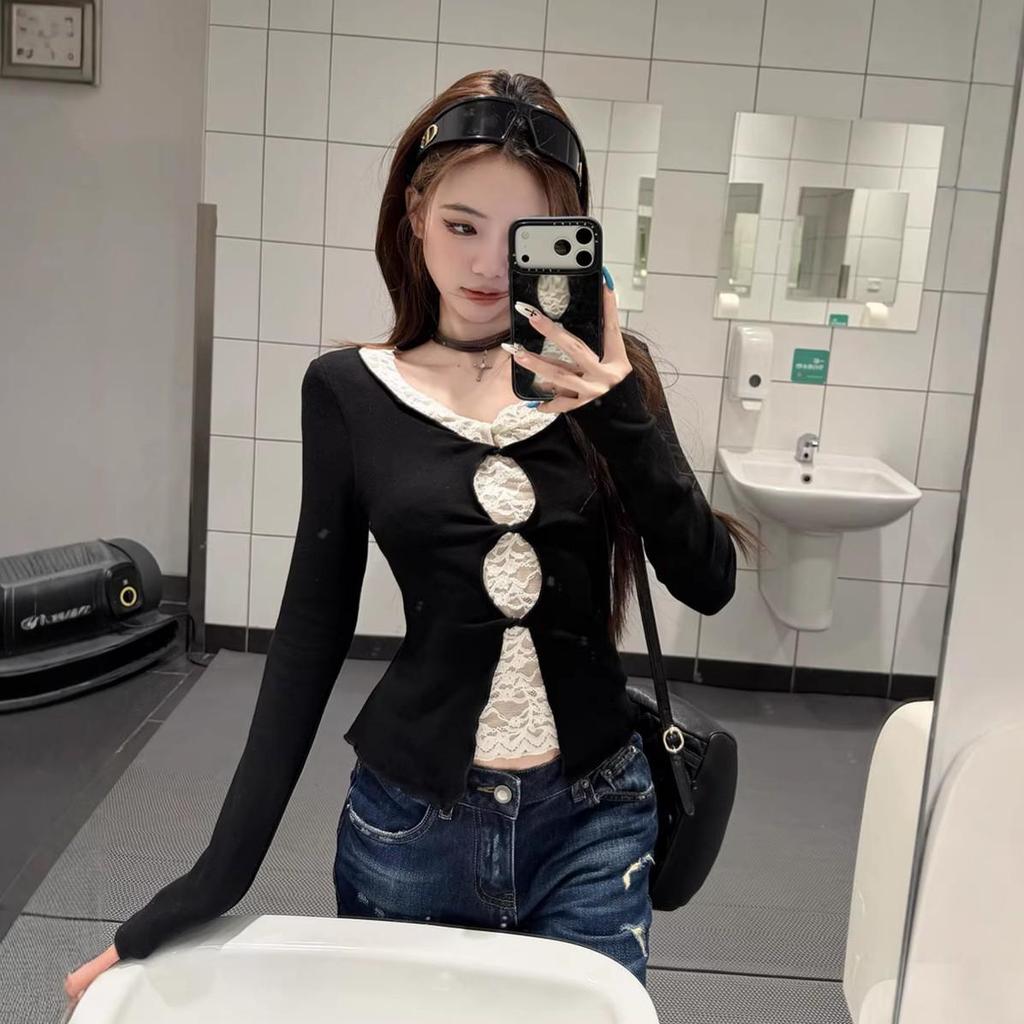 Women's Winter Lace Patchwork Two-in-One Long-Sleeve Slimming T-Shirt