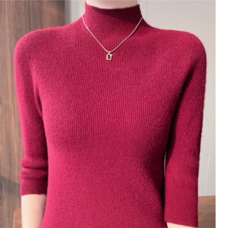 

Новый весенне-летний свитер с полувысоким воротником и короткими рукавами для женской моды, базовая футболка со свитером с рукавом 3/4, облегающий тело XXL