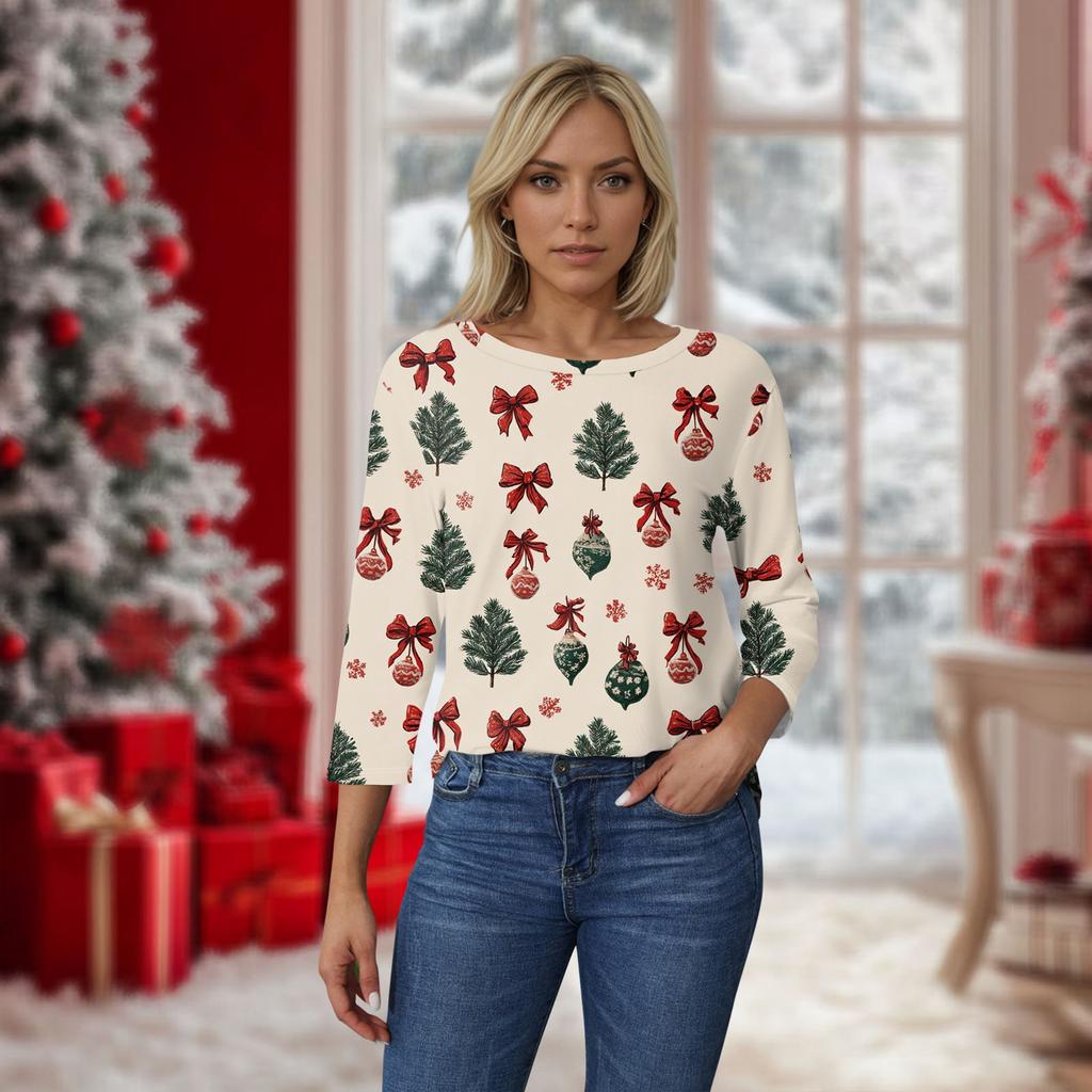 Dámský vánoční potisk s 3/4 rukávem do O-neck