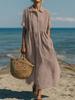 European and American New Women's Long Dress Casual Loose Lapel Button Pleated Short Sleeve Cotton and Linen Dress Women