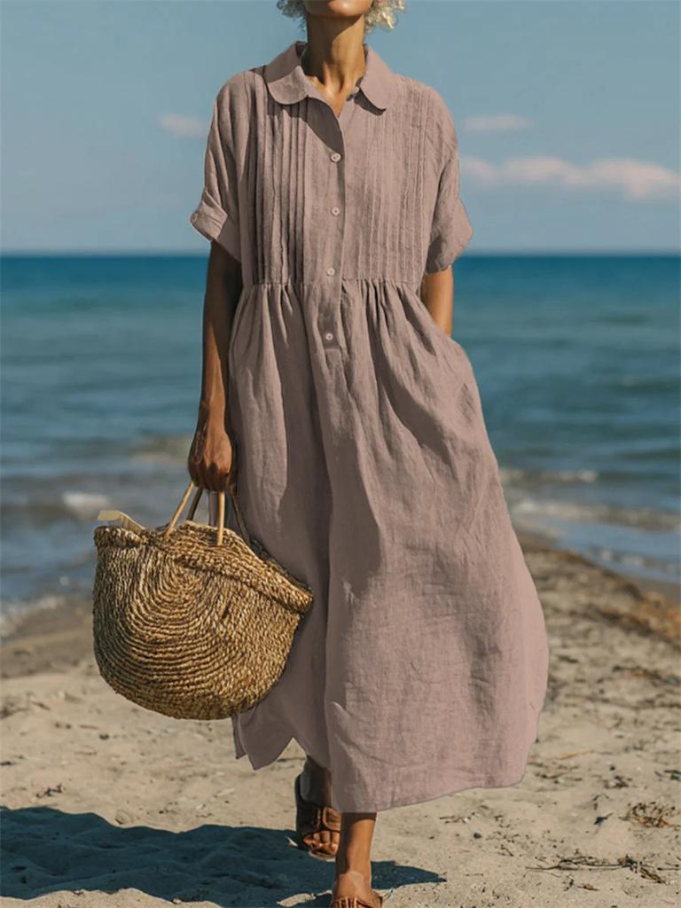 European and American New Women's Long Dress Casual Loose Lapel Button Pleated Short Sleeve Cotton and Linen Dress Women