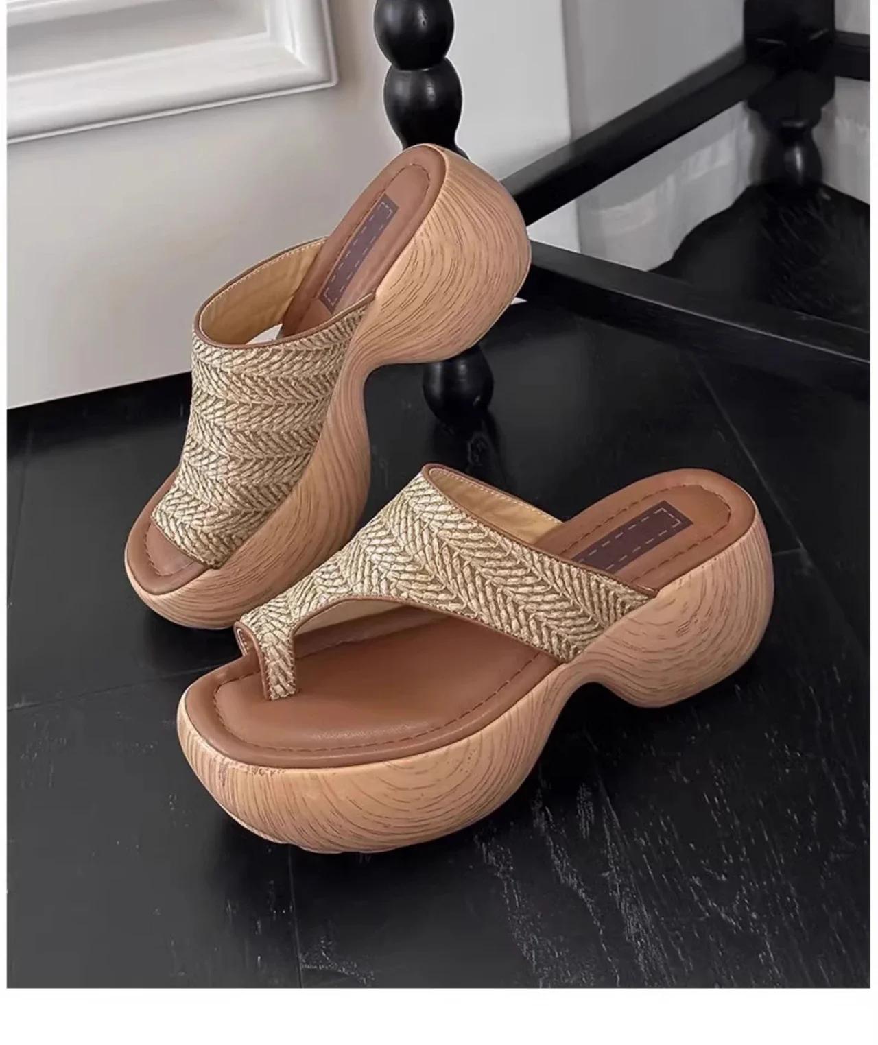 

Women s Fashion Slippers Toe Clip Weave Sponge Cake Base Shoes for Women Dress Leisure Anti-slip Comfortable Zapatillas De Mujer 40 коричневый