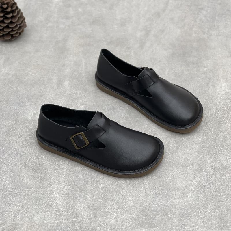 Johnature Handmade Genuine Leather Loafers Casual Women's Shoes Soft Soled Soft Cowhide Solid Color Flat Shoes