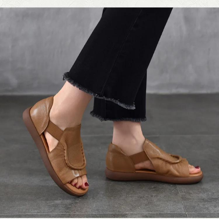 Johnature Simple Versatile Flat Sandals Genuine Leather Cowhide Hollowed Out Peep Toed Women's Shoes