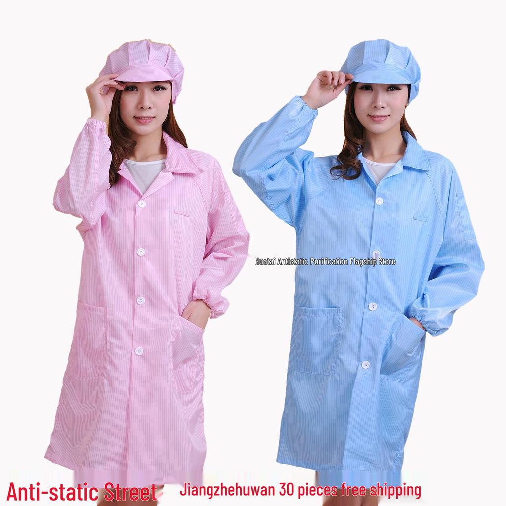 Antistatic Dustproof Long Sleeve Cleanroom Coat - Protective Workwear in White/Blue