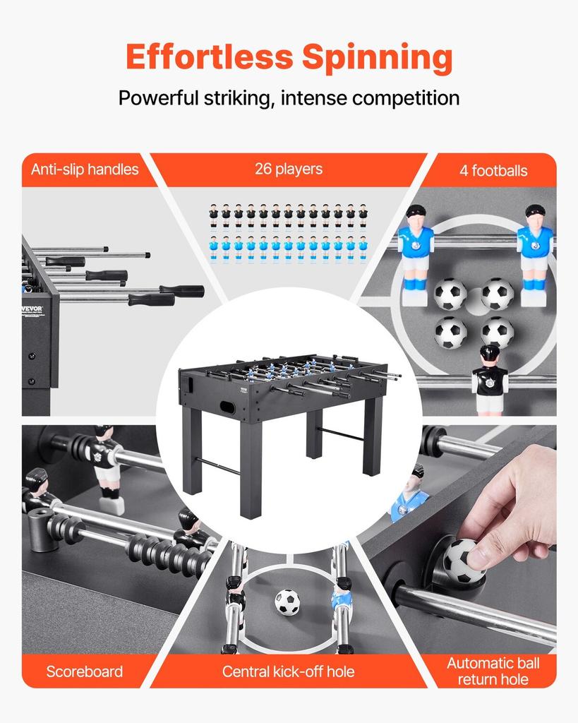Foosball Table, 137 cm Standard Size Table, Indoor Full Size Foosball Tables for Home, Family, and Game Room, Durable Soccer Set, Includes 4 Balls,