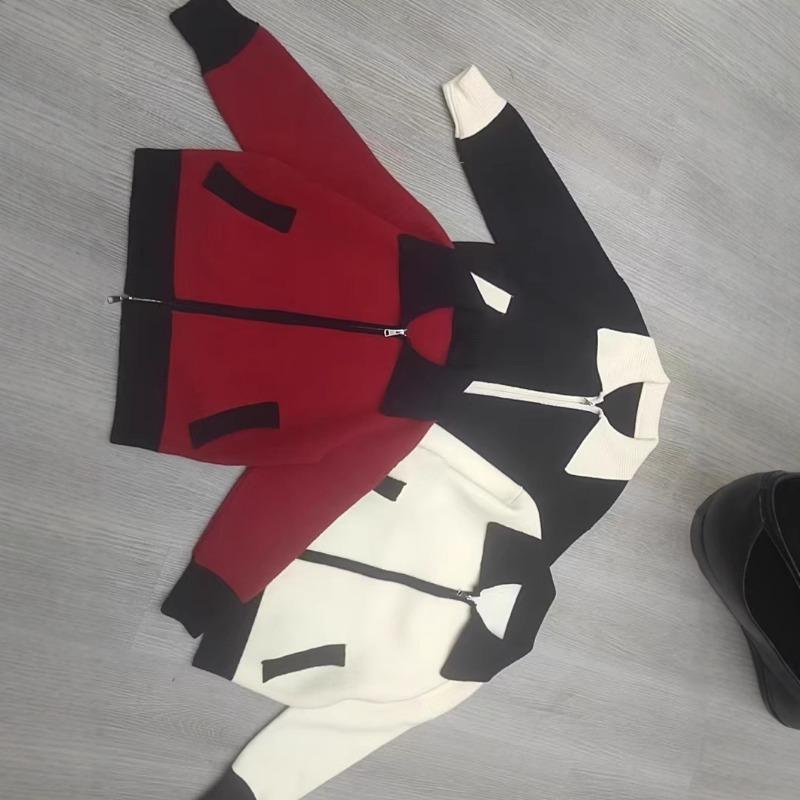 Spring new loose contrasting color lapel zipper knitted double-sided woolen cardigan casual versatile sweater jacket women