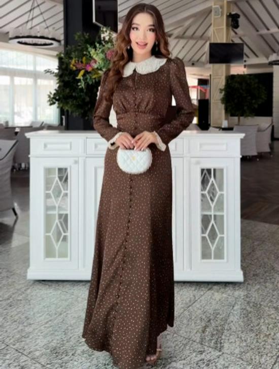 2025 Herbst Brauner Druck Schlankmachendes Langes Kleid für den Europäischen und Amerikanischen Markt