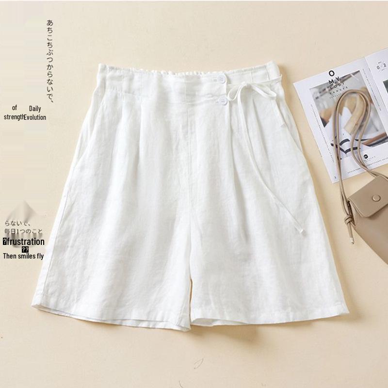 Plus Size Retro Solid Color Cotton Wide Leg Capris - Casual Linen Shorts for Women