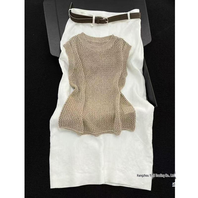 2025 Elegant Khaki Summer Set: Stylish Hollowed-Out Top & Outfit