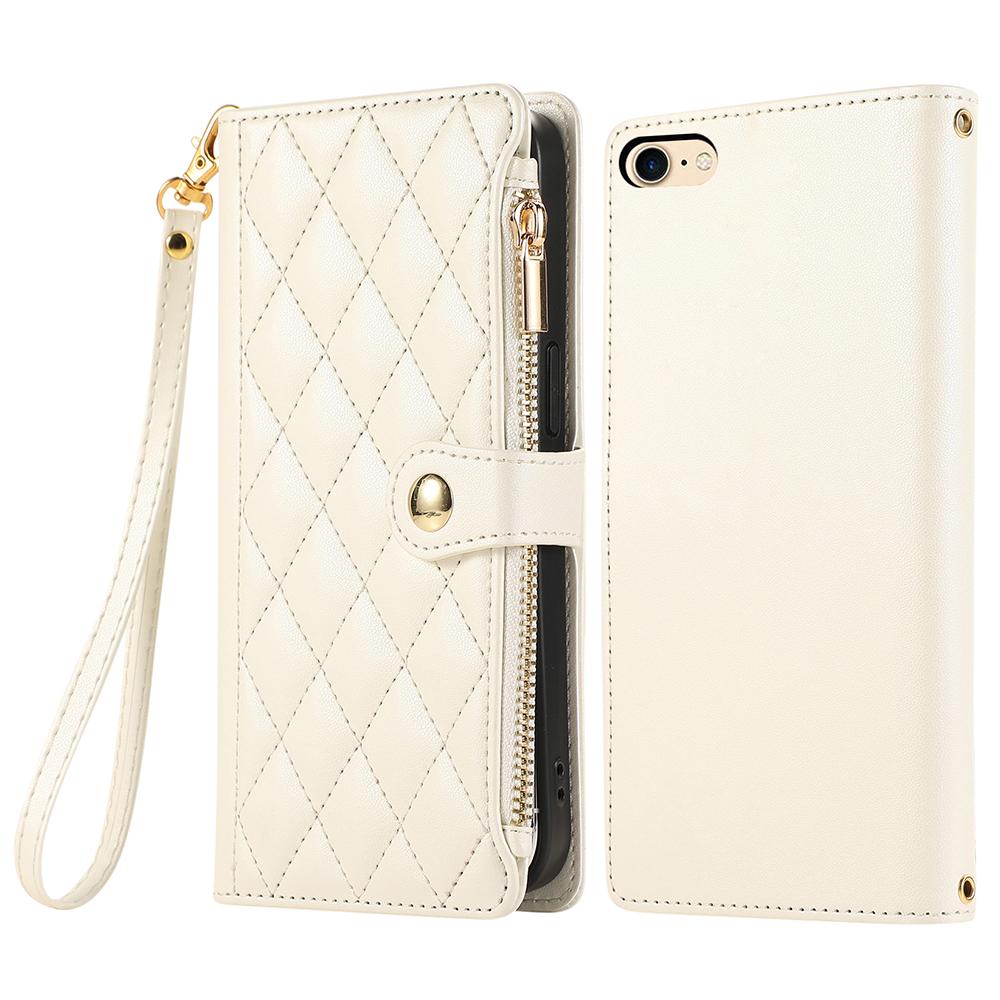 For iPhone 16e Case Multi Card Slots Zipper Rhombus Leather Phone Cover with Wrist Strap