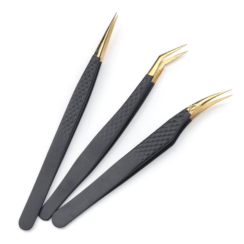 Black Gold Pattern Stainless Steel Eyelash Tweezers for Precision Eyelash Extension