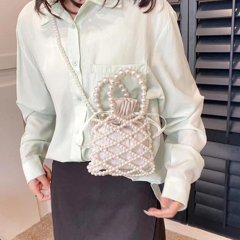 

Женская жемчужная сумка, маленькая мини-тоут, сумка-ведро, тканые сумки через плечо для женщин, кошелек для монет, сумка-кошелек, женские сумки на плечо