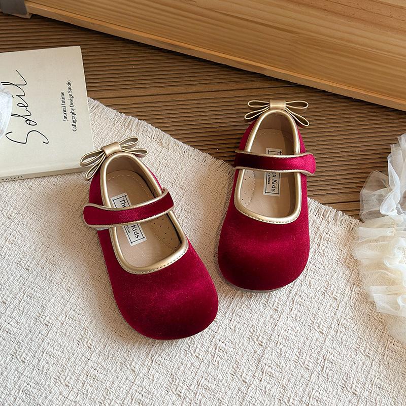 Girls Velvet Bow Decor Mary Jane Casual Flat Shoes