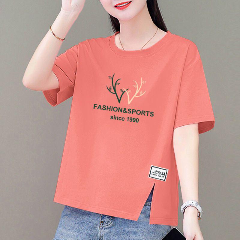Korean Style Plus Size Loose Cotton Short-Sleeve Women's T-Shirt with Round Neck and Printed Design