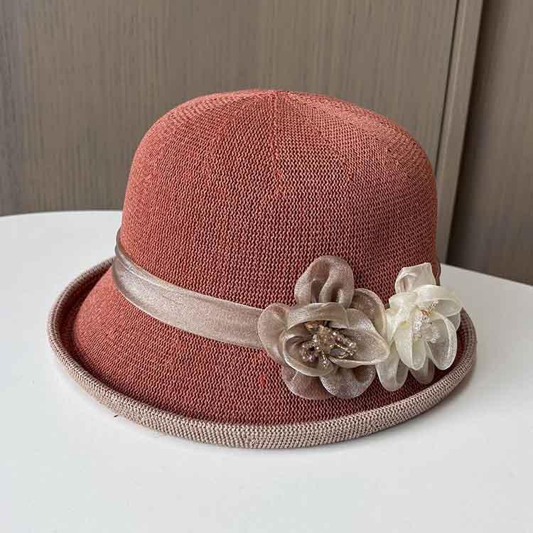 Top hat spring and summer thin small edge sunscreen basin hat women's fashion flower knitted bucket hat outdoor mother sunshade