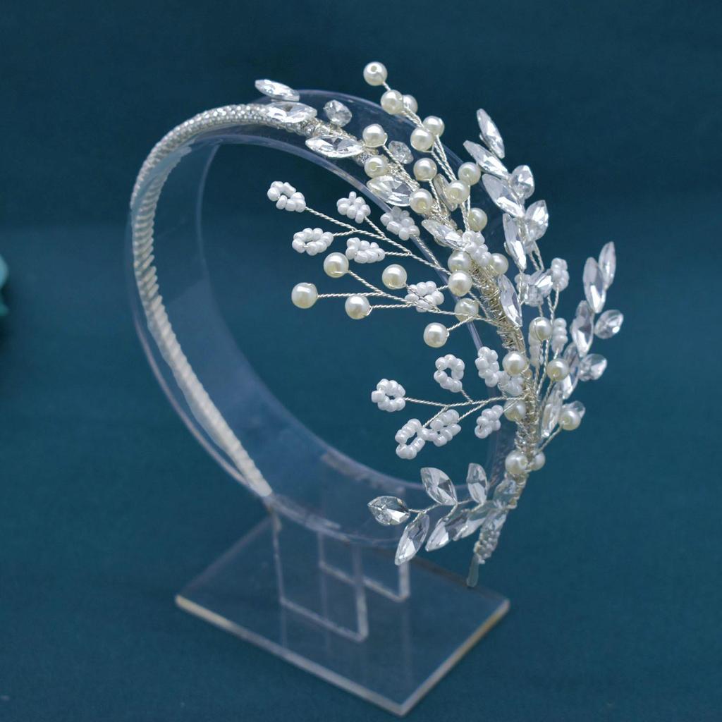 Double Row Pearl Rhinestone Claw Chain Headband with Wedding Veil