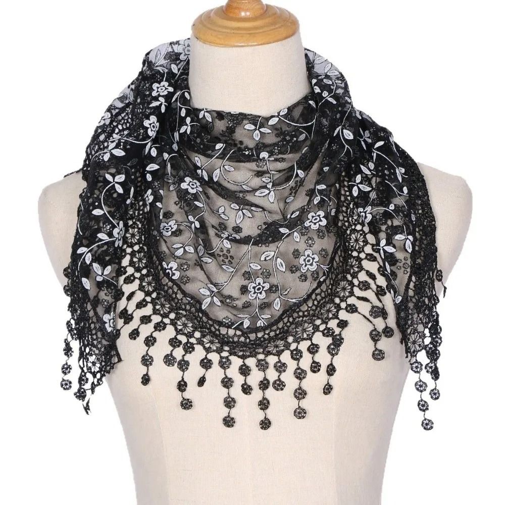 Floral Printed Veil Headband Embroidered Flower Tassels Scarves Simple Lace Shawl Ladies
