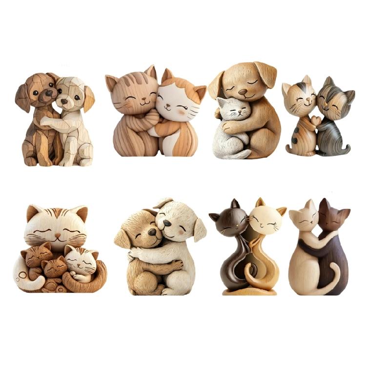 Carved Wooden Cats/Dog Figurines Table Ornament Cats/Dog Statue Sculptures Collectibles Home Decors Art Carving Work