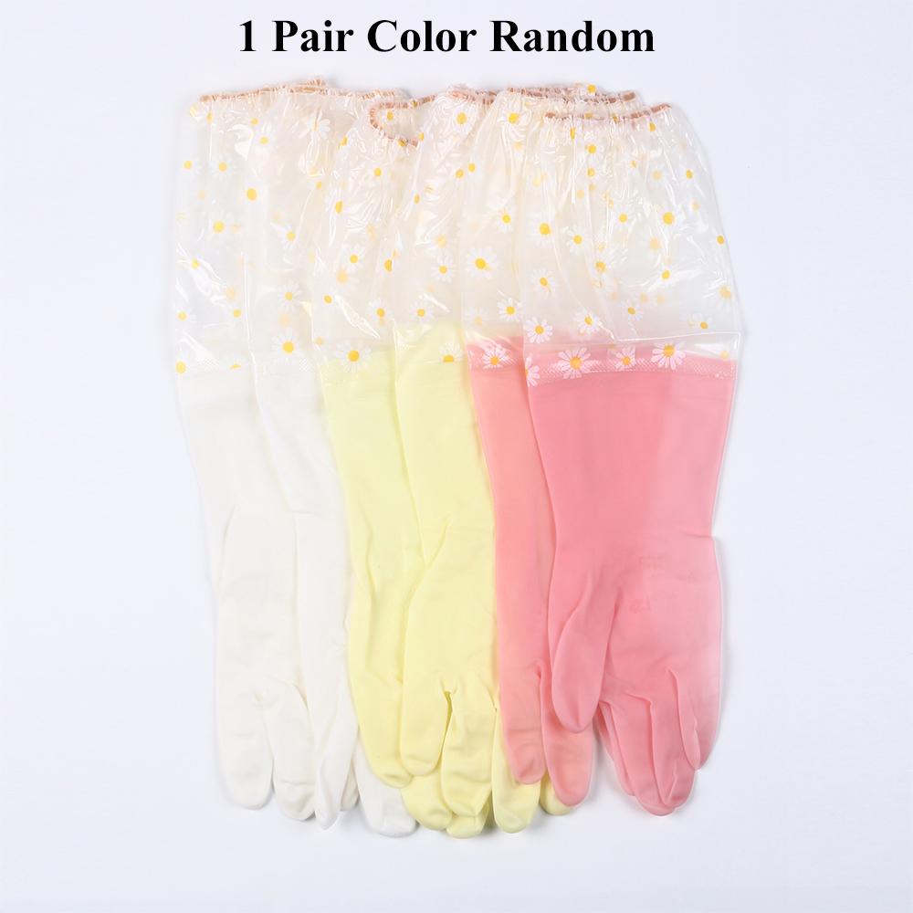 1 Pair Dishwashing Cleaning Gloves Daisy Flower Pattern Waterproof Reusable Kitchen Household Rubber Gloves Color Random