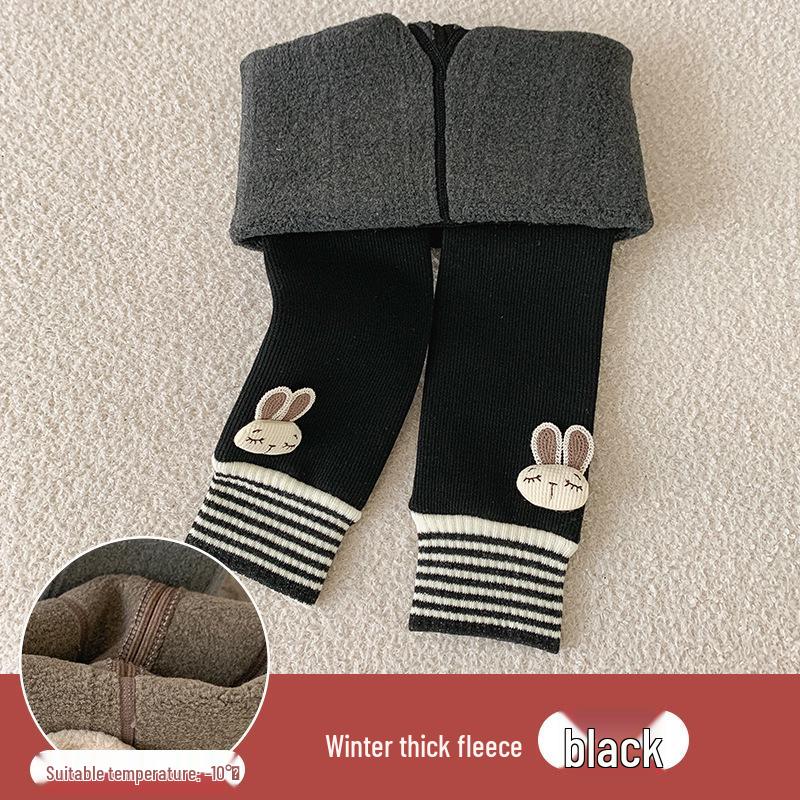 Girls' Velvet-Lined Fleece Leggings - Medium-Thick, Striped Rabbit Design for Winter