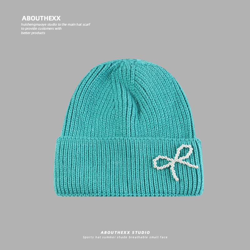 Pearl Bow Autumn and Winter Warm Woolen Hat for Women Korean Knitted Hat Showing Face Small Versatile Couple Pullover Cold Hat