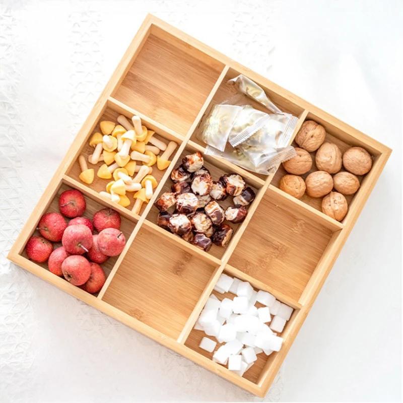Hot selling Rectangular 6-compartment food tray & square 9 grid wood tableware snack plate sauce platter hot pot restaurant tray