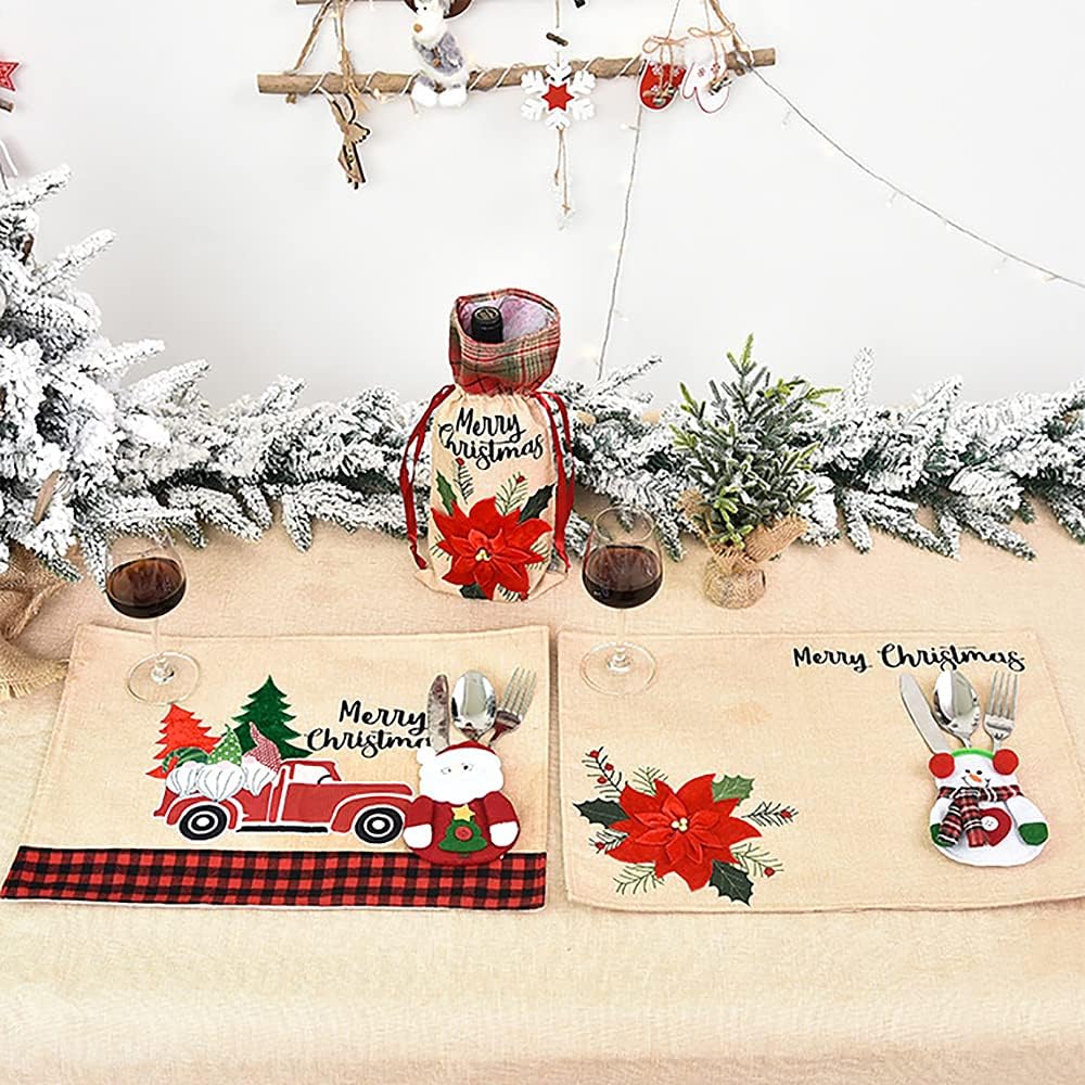 8 Pieces Christmas Tableware Holder Set, Santa Claus Snowman Reindeer Bear Knifes Forks Spoon Silverware Pocket Bags for Xmas for Thanksgiving New