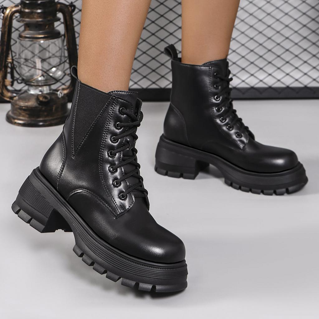 Fashion Punk Style Chunky Heeled Combat Boots for Women Black Pu Leather Platform Ankle Boots Woman Thick Sole Non Slip Motorcycle Botas
