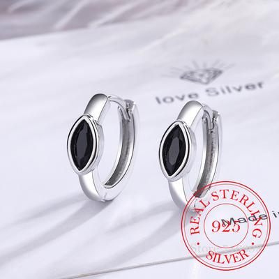Real 925 Sterling Silver Crystal Hoop Earrings for Women Simple Korean Black/white Stone Earring Wedding Party Jewelry Gift