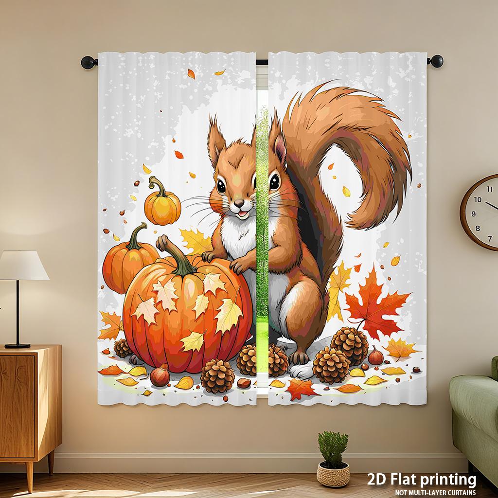 Piece Set High Definition Digital Printed Curtainsautumnsquirrelpumpkinleafcolorfulstylehome Decoration Style Curtain Made Of Polyester