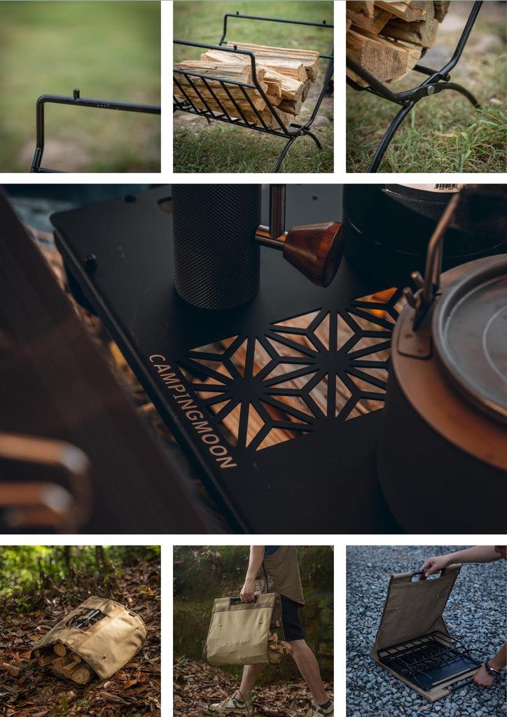 CAMPING MOON Firewood Rack with Top Plate for Field Firewood Rack Table Bonfire Side Table Black Log Carry TAB-285