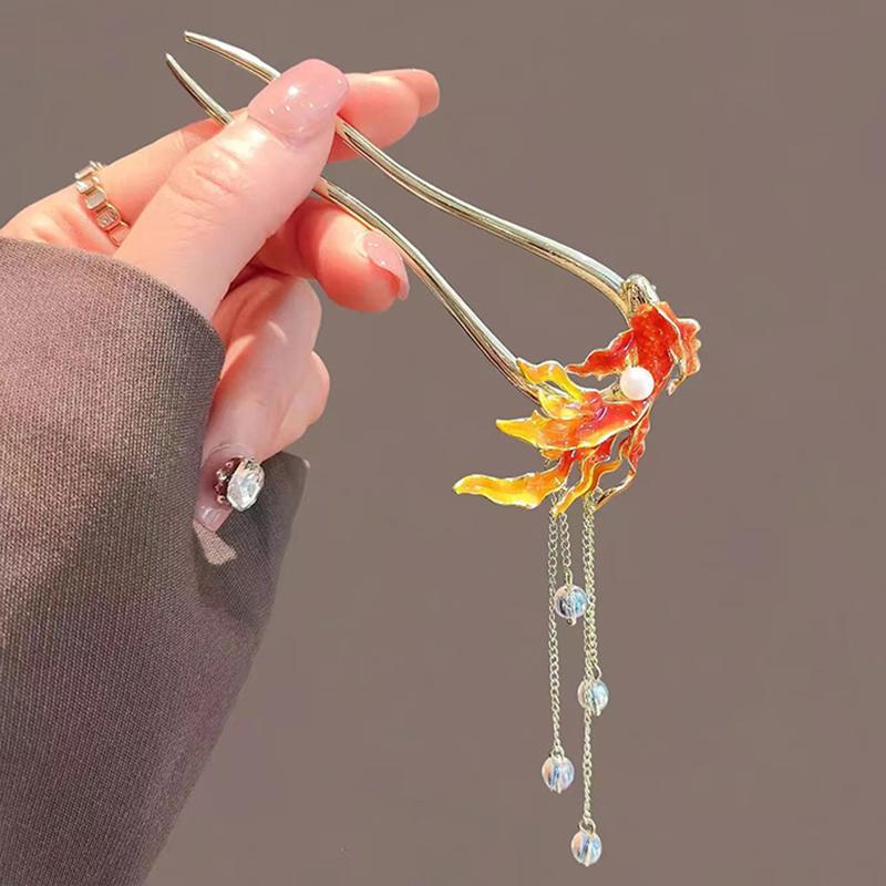 U Shape Chinese Style Red Fish Hair Sticks for Women Tassel Beads Hairpin Hanfu Wedding Glitter Jewelry Hair Accessories