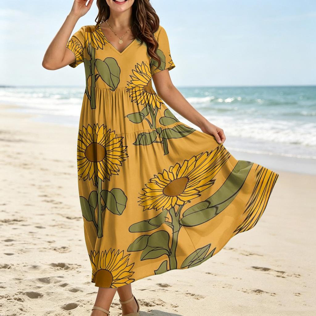 Women Casual Loose Bohemian Floral Dress Short Sleeve Long Maxi Summer Beach Swing Dress