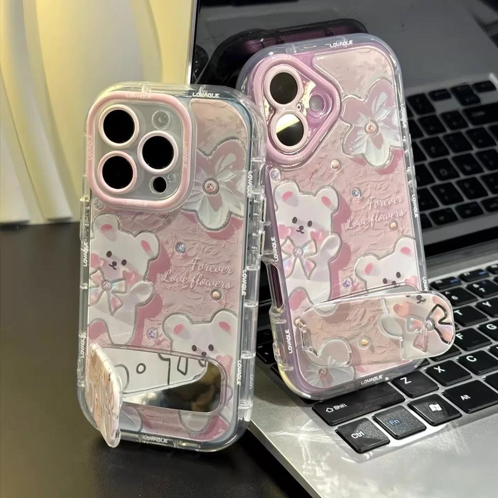 Oil Painting Teddy Bear for Apple 17 Feather Gauze Cream Phone Case for IPhone 16 Promax Cartoon 15/14 Pieces