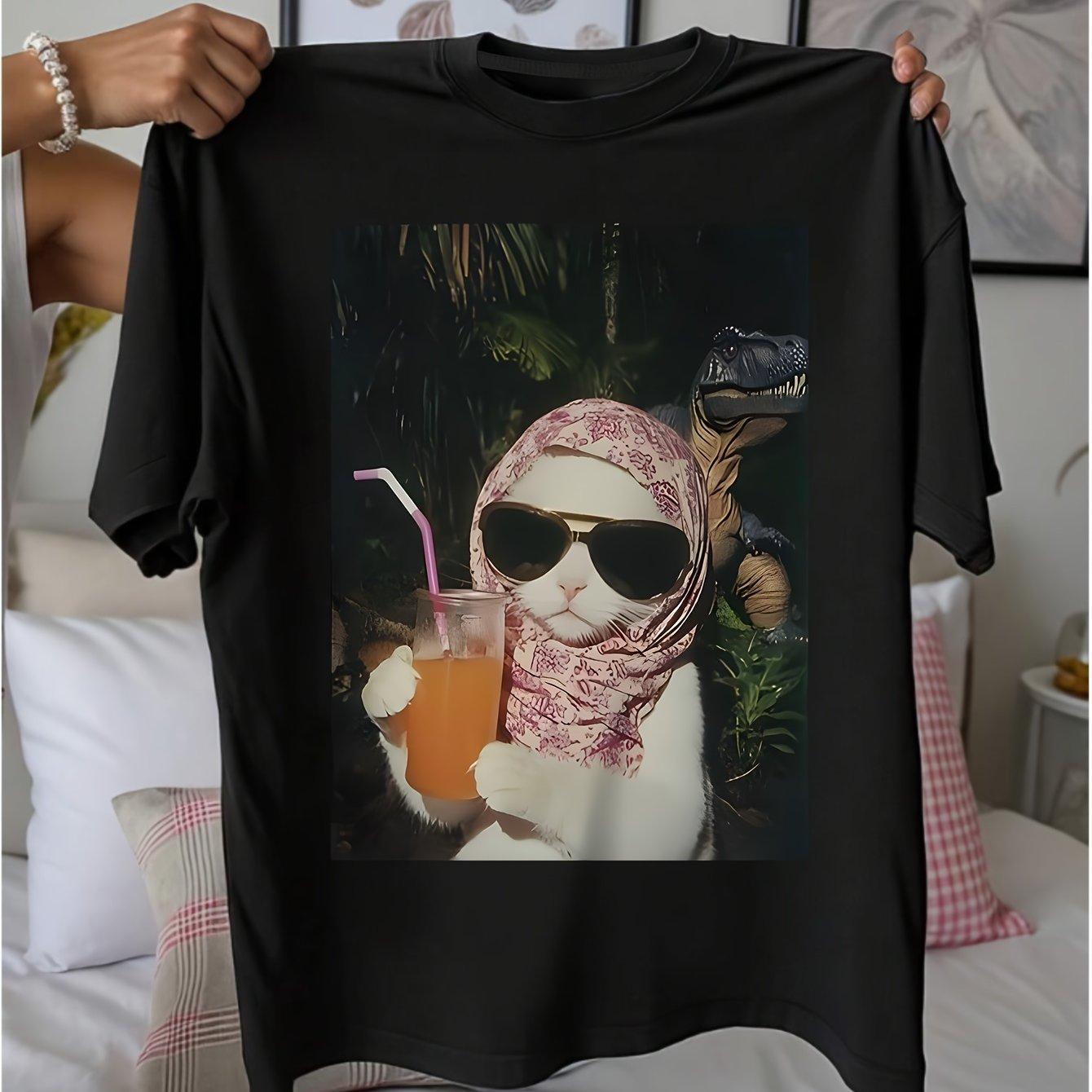 

2026 Summer Retro Womens Cat Drinking Juice Print TShirt Unisex Cotton and Breathable Short Sleeve Oversized Loose Casual S