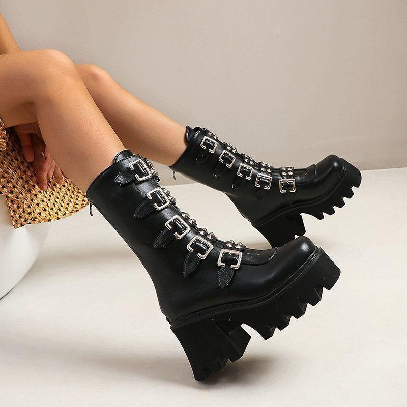Fashion Designer Shoes for Women Gothic Platform High Boots Punk Black Sexy Motorcycles Boots for Women Halloween Cosplay Shoes Zapatos