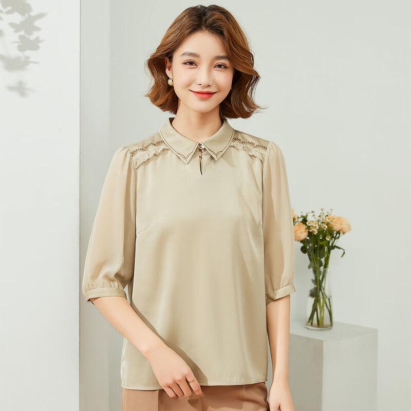 Jinjv Embroidered Mulberry Silk Puff Sleeve Lapel Blouse XL