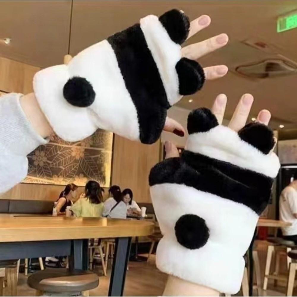 Mignons Gants Demi-Doigts Panda Dessin Animé Moufles en Peluche Nouveaux Gants Chauds Femmes