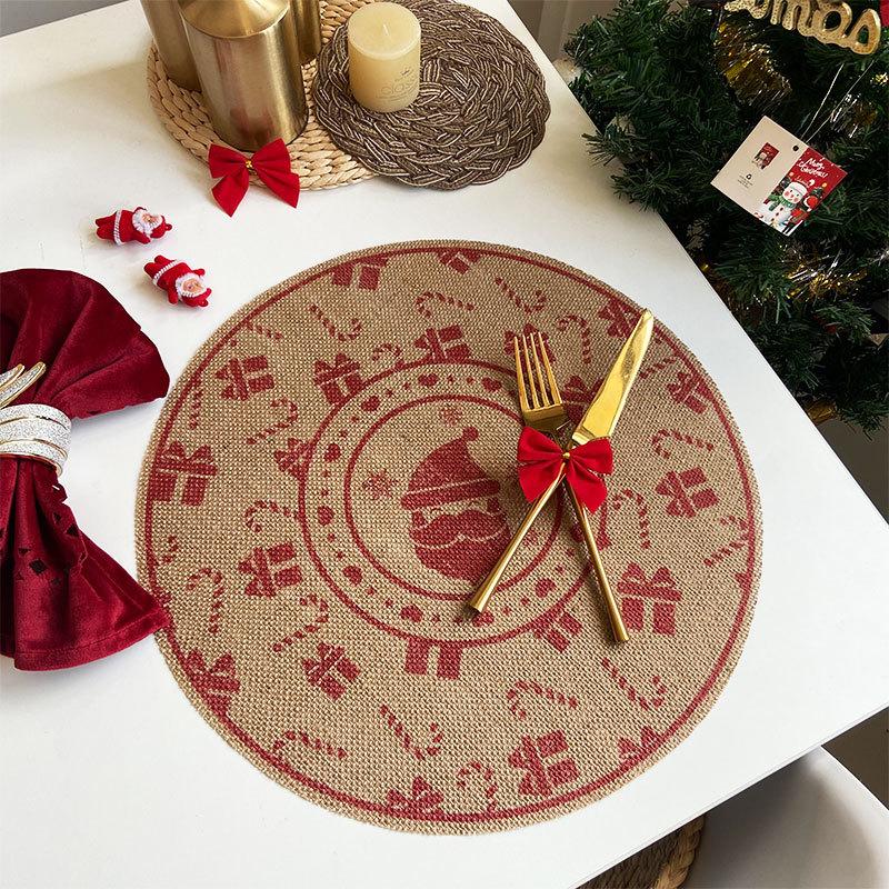 Christmas Retro Jute Placemat Round Printed Woven Dining Table Mat with Wool Ball Heat-Resistant Home Decorative Coffee Cup Mats
