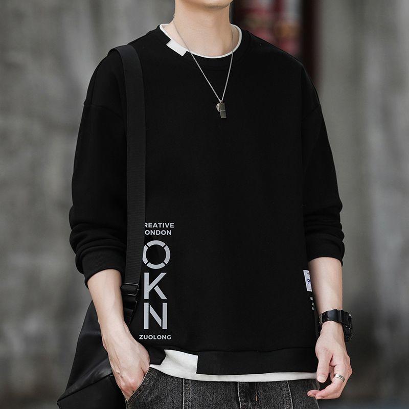 Autumn Fashion Trend Solid Color Round Neck Letter Splice Versatile Long Sleeve Simple Casual Youth Loose Sweater