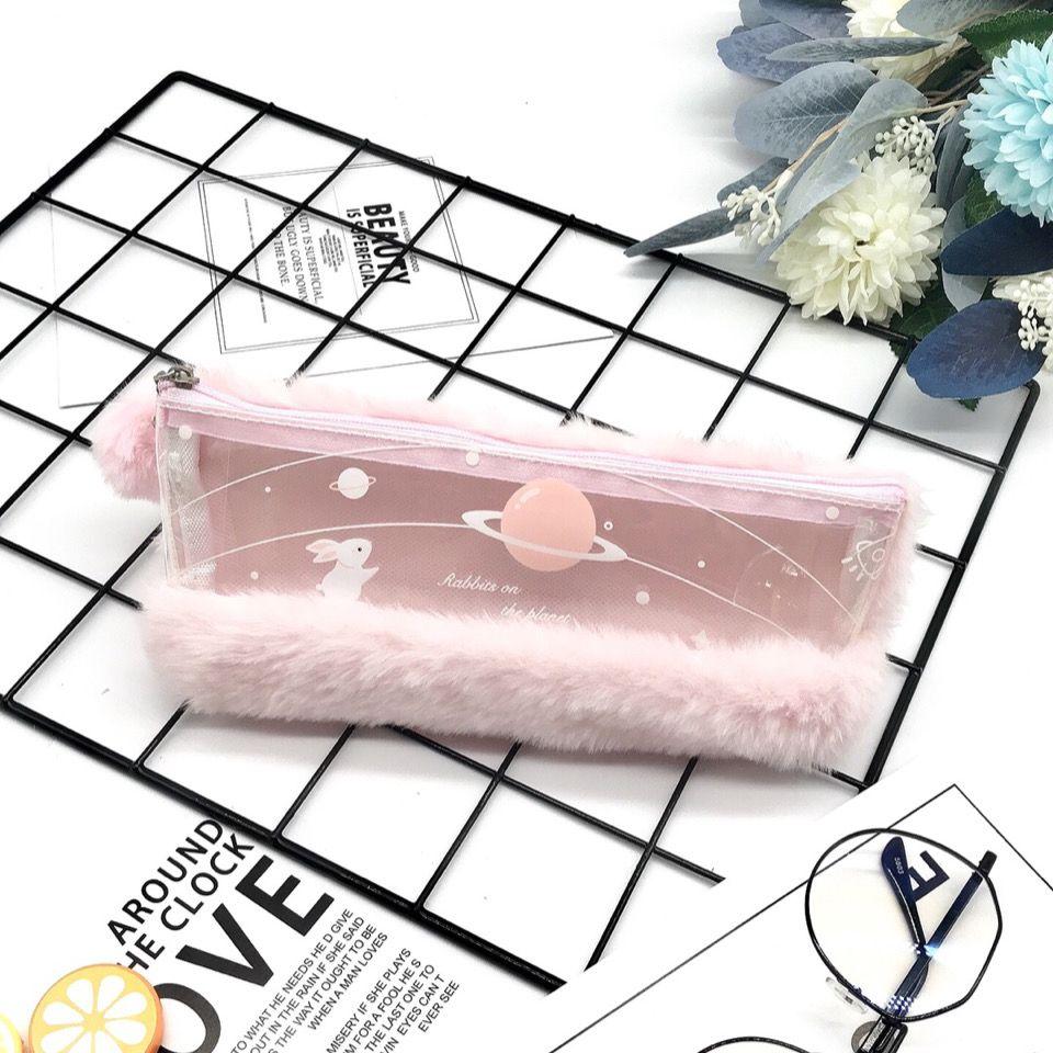Minimalist Spliced Semi-transparent Pencil Case for Girls Rabbit Japanese-style Cute and Fashionable First-grade Fluffy Portable Stationery Storage