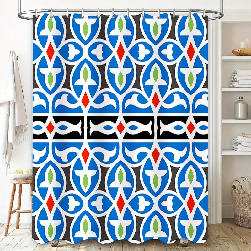 Blue Floral Print Shower Curtain Blue Green White Red Black Modern Decor Bathroom Decoration Size 72x84 Inch (1 Set)