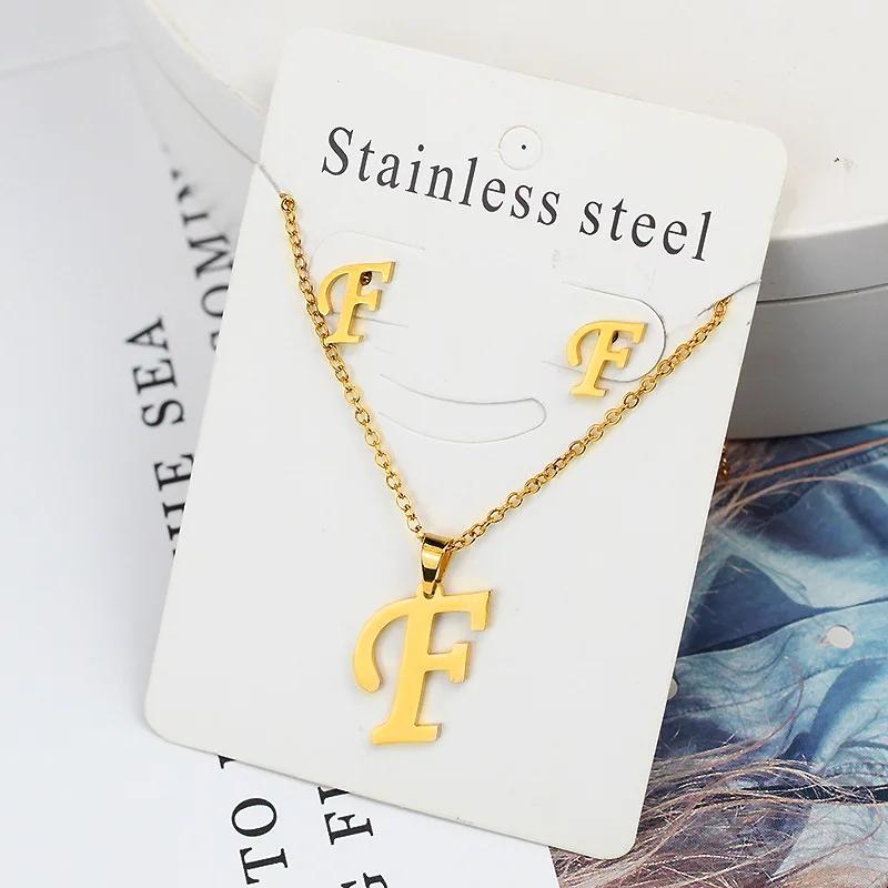 Stainless Steel Letter Necklace Bracelet Earring Zircon Set for Women Alphabet Pendant Necklace Party Gift