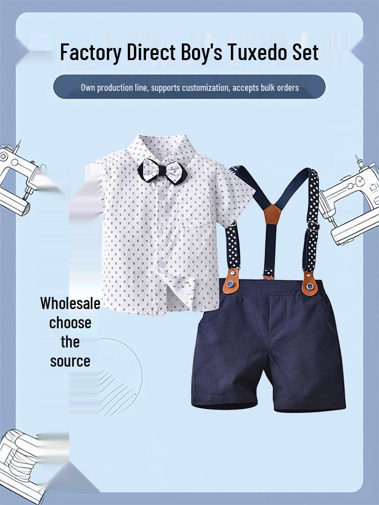 Completo estivo per ragazzi in stile britannico: Completo 3 Pezzi: Pantaloni a Spallina Sottile e Camicia a Maniche Corte