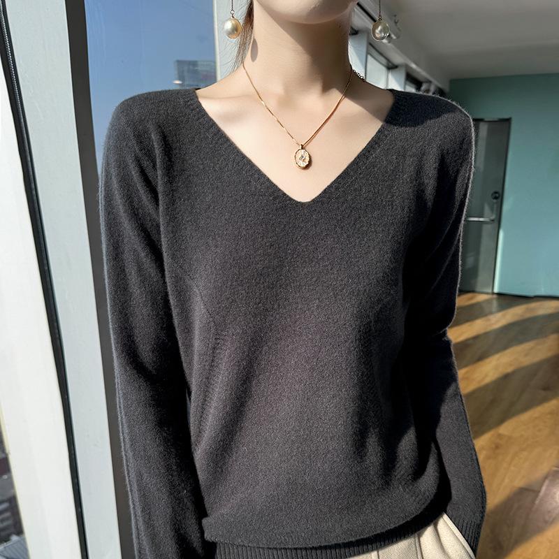 Women's V-Neck Wool Sweater: Slim Fit, Long Sleeve, Knit Base Layer for Autumn & Winter
