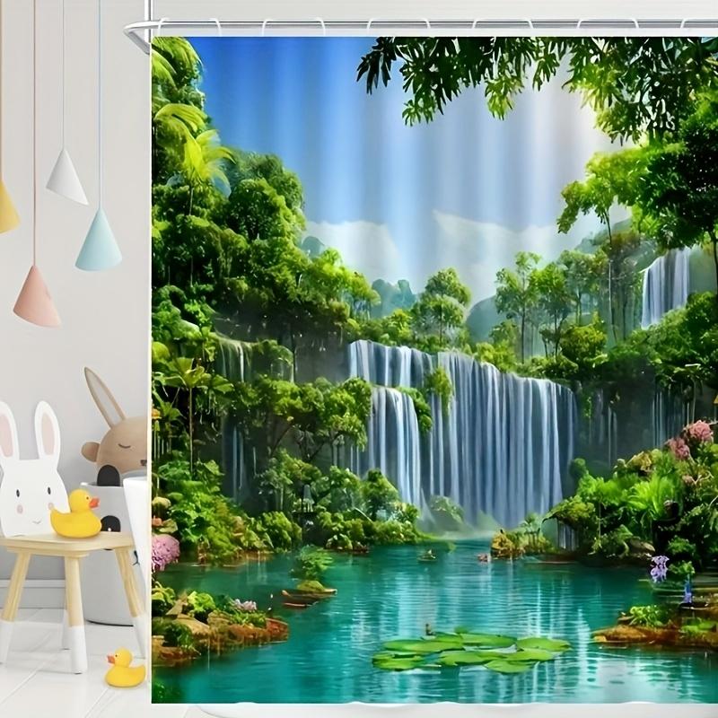 Tropical Foliage Landscape Bathroom Shower Curtain Machine Washable, Stylish Bathroom Decorative Shower Curtain With 12 Hooks